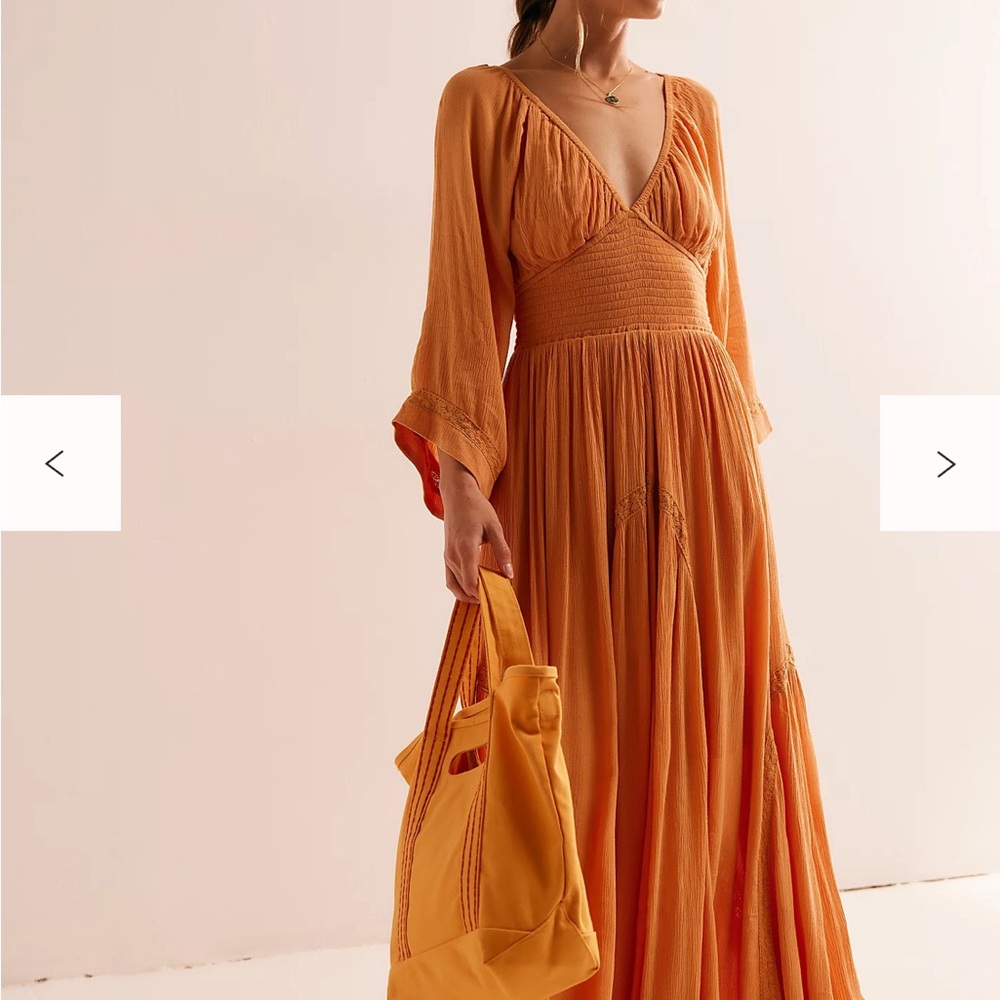 NEW* FREE PEOPLE- Orange Pleated Wrap Sundress with Plunge Neckline